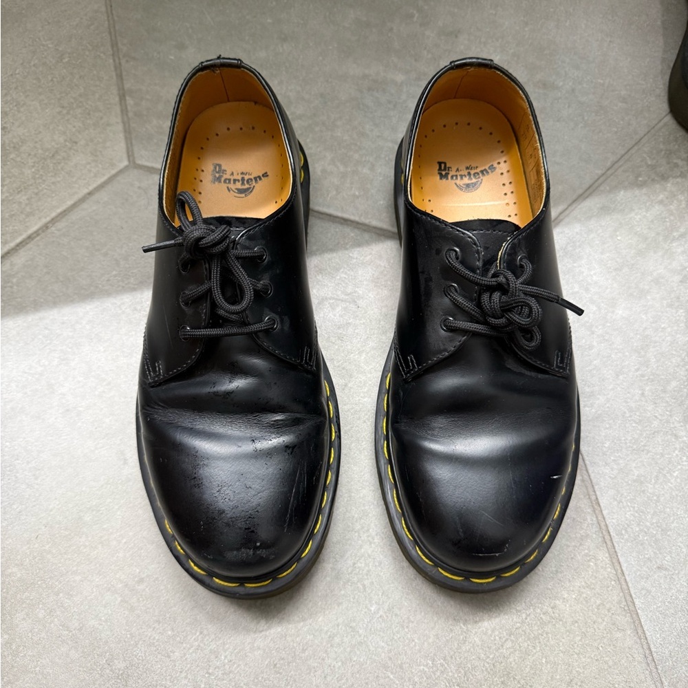 Dr. Martens Black Leather Oxfords with Yellow Stitching